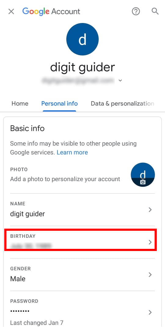 How to Update Date of Birth on Google Account from Android mobile