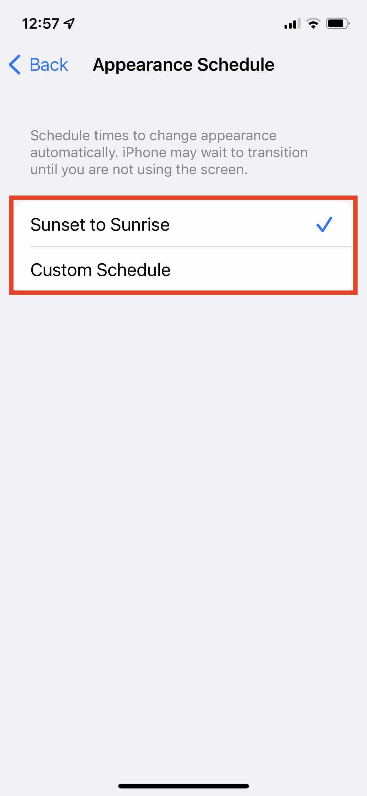 Custom Schedule to enable dark mode