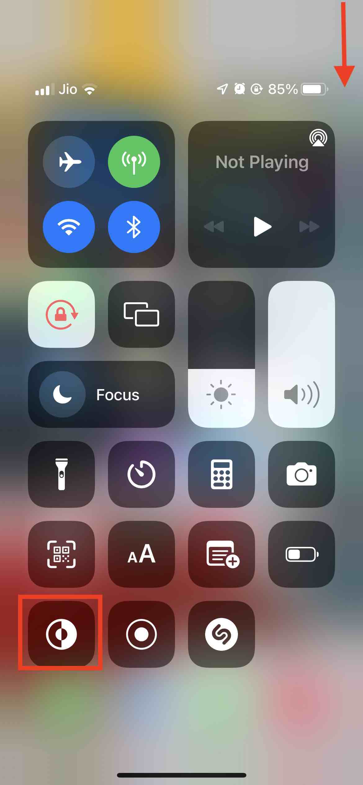 Dark mode from control center on iPhone