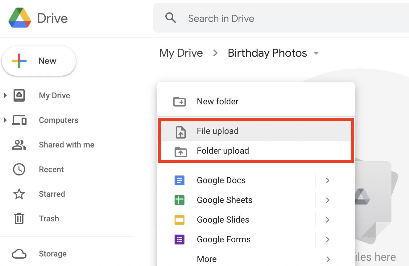 Upload photos to drive