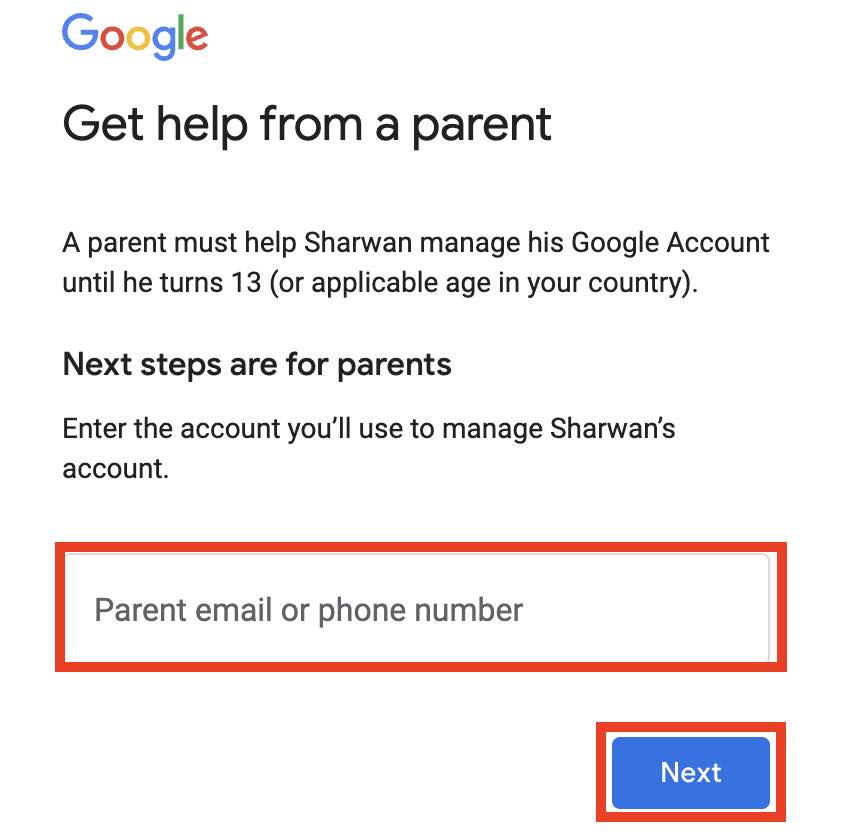 Parents Email ID for child account