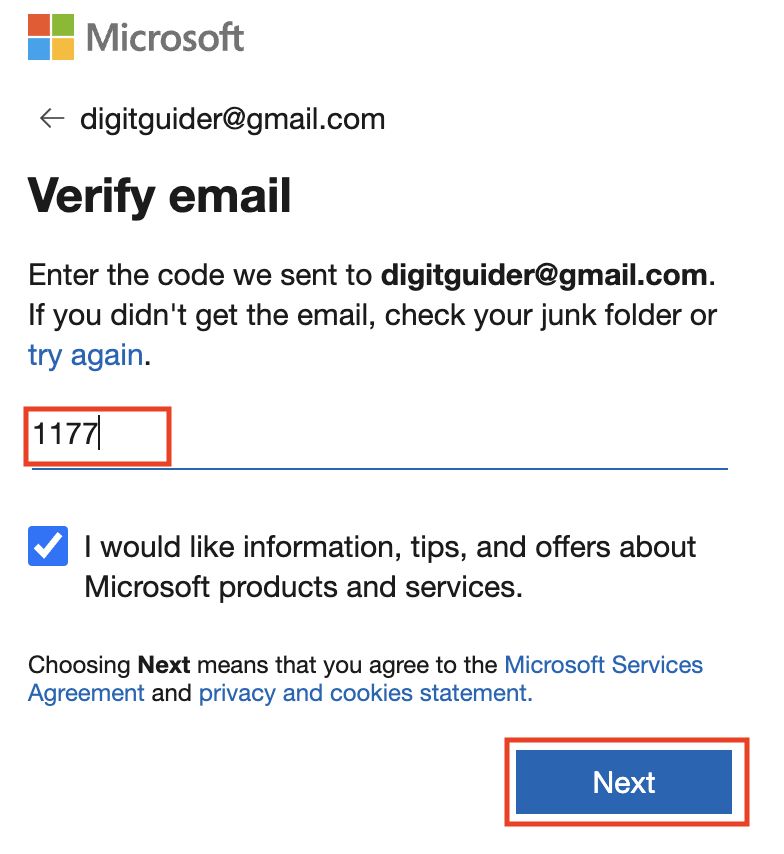 Enter security code to verify the Microsoft account